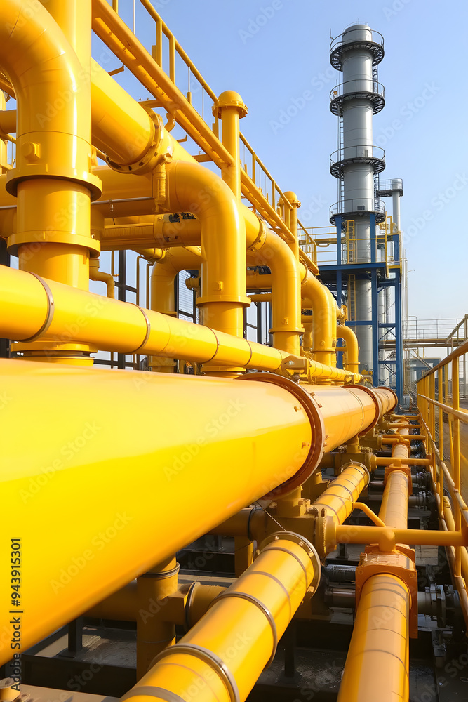 Industry pipeline transport gas and oil processing. Industrial facility with large metallic pipes, showcasing a complex network of machinery and equipment for processing or manufacturing. Industry pipeline transport gas and oil processing. Industrial facility with large metallic pipes, showcasing a complex network of machinery and equipment for processing or manufacturing.