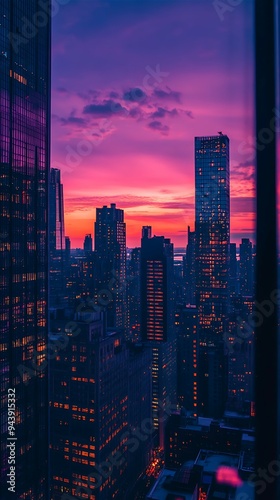 Stunning Purple Sunset Over City Skyline with Tall Buildings