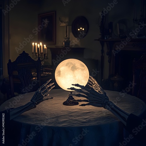 Eerie Ghostly Halloween Sance Scene with Glowing Crystal Ball Flickering Candles and Skeletal Hands on the Table in a Dimly Lit photo