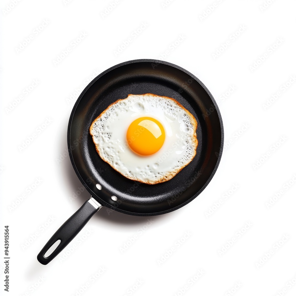 A 3D simple style icon of a shiny metal frying pan with an egg frying in the center isolated on a white background symbolizing breakfast and kitchen tools. A 3D simple style icon of a shiny metal frying pan with an egg frying in the center isolated on a white background symbolizing breakfast and kitchen tools.