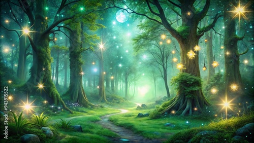 Enchanted Forest Illumination: Emerald greens, twinkling stars, mystical auras, woodland wonder