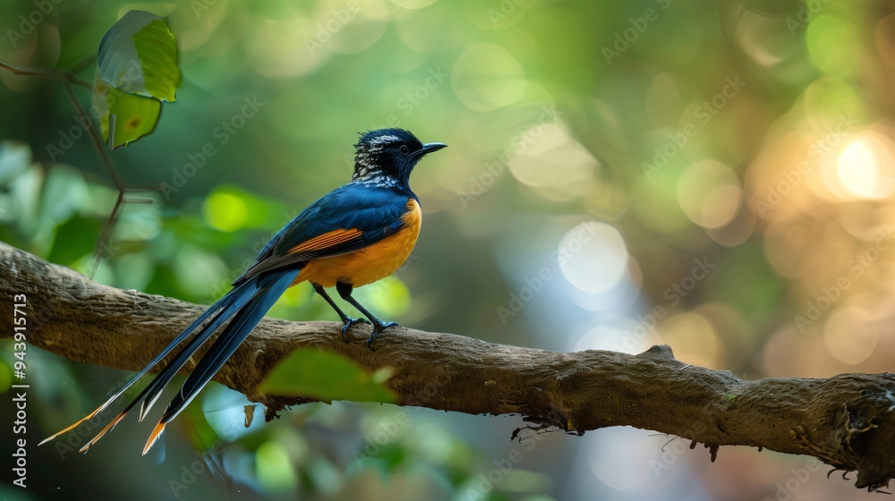 Long-tailed paradise whydah perching on a branch in the jungle Long-tailed paradise whydah perching on a branch in the jungle