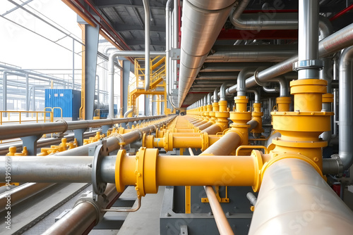 Industry pipeline transport gas and oil processing. Industrial facility with large metallic pipes, showcasing a complex network of machinery and equipment for processing or manufacturing.