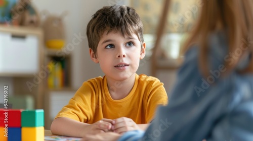 An autistic child communicating with a parent, using visual aids