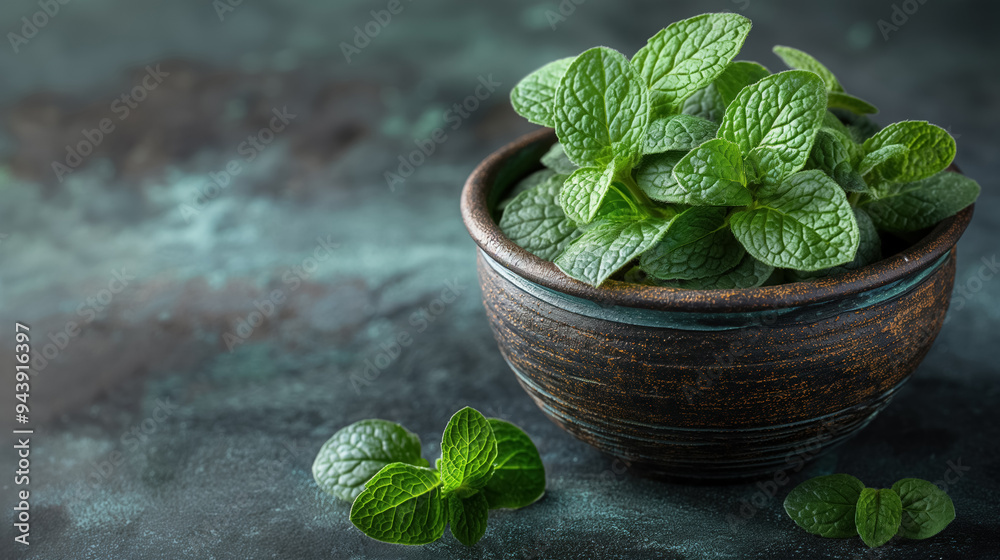 Fresh mint leaves sit in a rustic bowl on a dark surface, highlighting their vibrant green color and natural texture, suggesting freshness and flavor. Fresh mint leaves sit in a rustic bowl on a dark surface, highlighting their vibrant green color and natural texture, suggesting freshness and flavor.