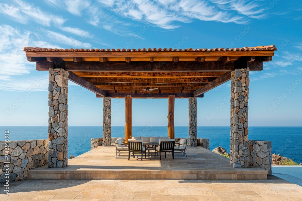 Fototapeta premium The gazebo is made from wood and has roofed area for seating