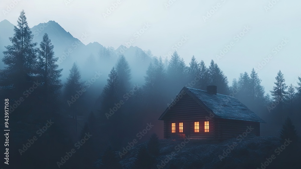 A wooden cabin lit up in the forest, surrounded by foggy mountains, creating a cozy yet mysterious scene. A wooden cabin lit up in the forest, surrounded by foggy mountains, creating a cozy yet mysterious scene.