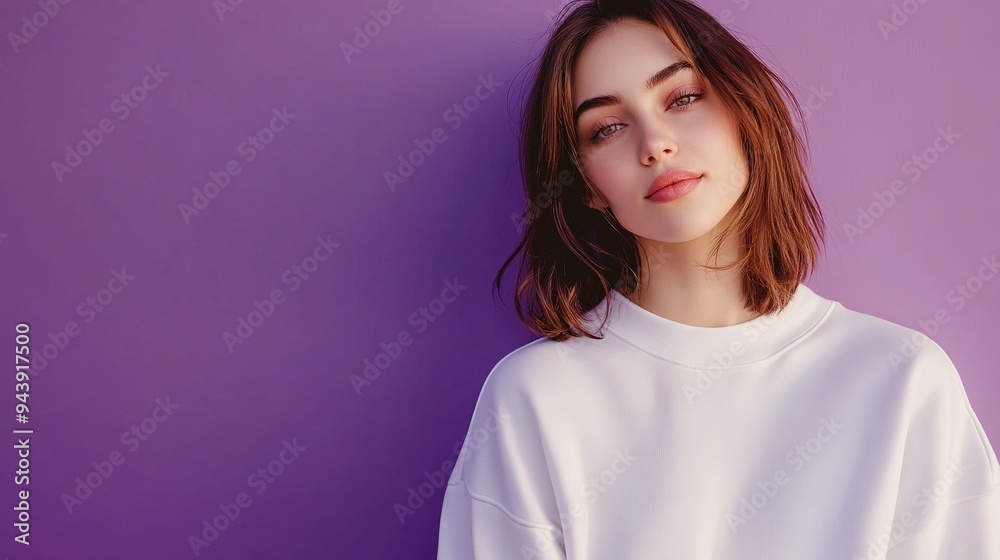 Young woman wearing white sweatshirt mockup, at purple background. Design pullover template, print presentation mock-up. copy space for text. Young woman wearing white sweatshirt mockup, at purple background. Design pullover template, print presentation mock-up. copy space for text.