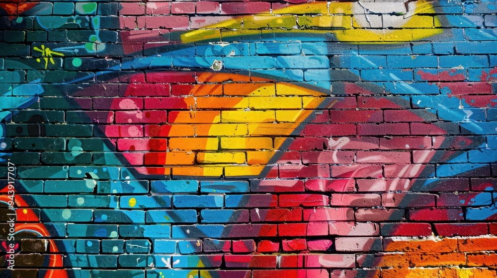 Vibrant graffiti art showcasing colorful abstract patterns painted on a brick wall with various shades and intricate designs. Vibrant graffiti art showcasing colorful abstract patterns painted on a brick wall with various shades and intricate designs.