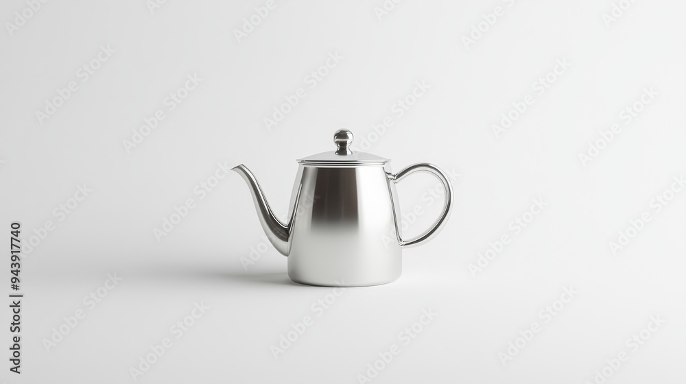 A 3D simple style icon of a stainless steel teapot with a curved handle and spout set on a clean white background symbolizing kitchen appliances and hot beverages.