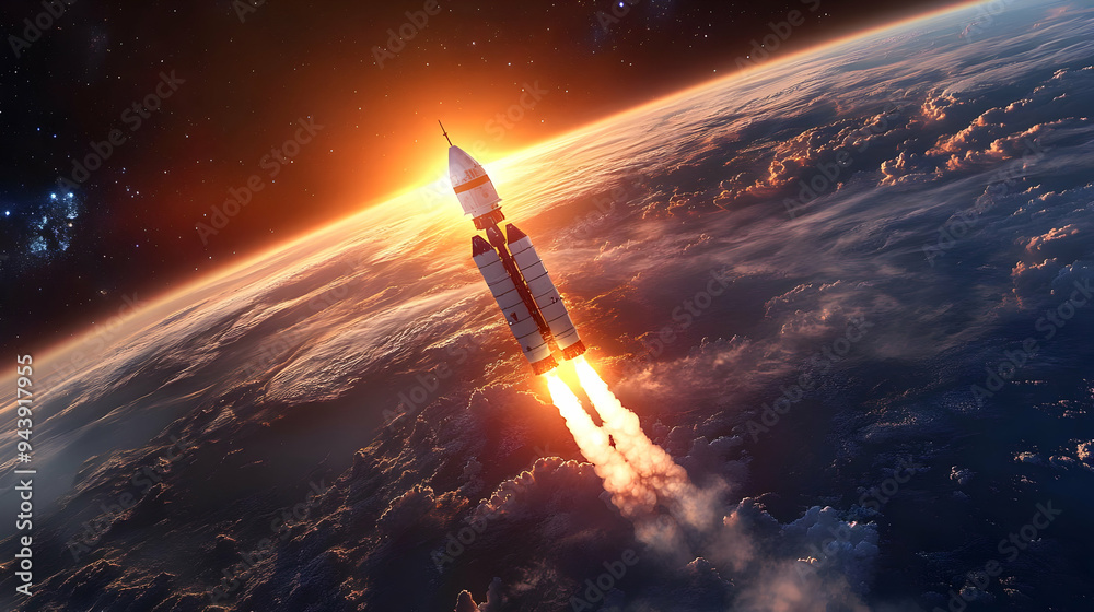 Fototapeta premium Rocket Launch into Space with Earth and Stars in Background.
