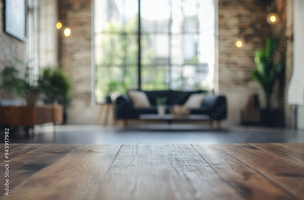 Wooden Tabletop in a Blurred Loft Interior
