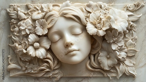 Ornate Sculpture of a Serene Feminine Visage: A Stunning Poster with White Flowers and Botanical Elements for Elegant Home Decor or Tranquil Sports Interior