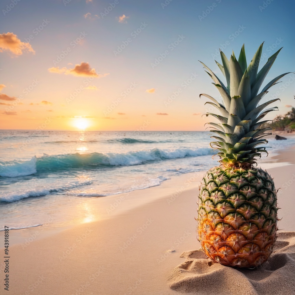 Pineapple on exotic sand beach at sunrise or sunset sea background. Pineapple on exotic sand beach at sunrise or sunset sea background.