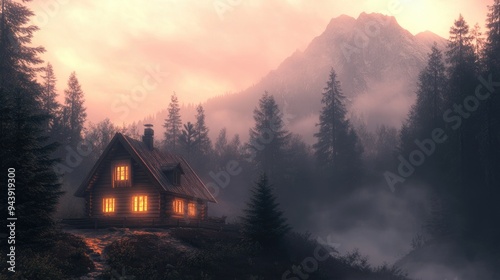 A wooden house glowing warmly in the forest, with the misty mountains adding a touch of mystery.