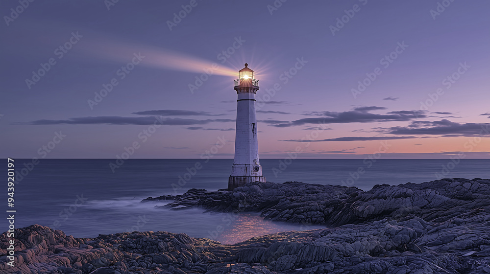 Lighthouse on Rocky Coast at Dusk - Guiding Light in the Twilight Lighthouse on Rocky Coast at Dusk - Guiding Light in the Twilight
