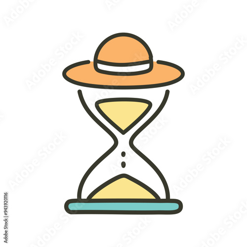 Time flies by in a sunhat. A colorful hourglass with a summer hat on top, symbolizing that time keeps moving forward, even during vacations and leisure time.