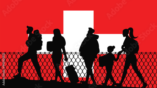 Immigration and refugees front of Switzerland flag, immigrant and refugee concept, Switzerland immigrants, refugee day, freedom and human rights idea, poverty and illegal immigrants