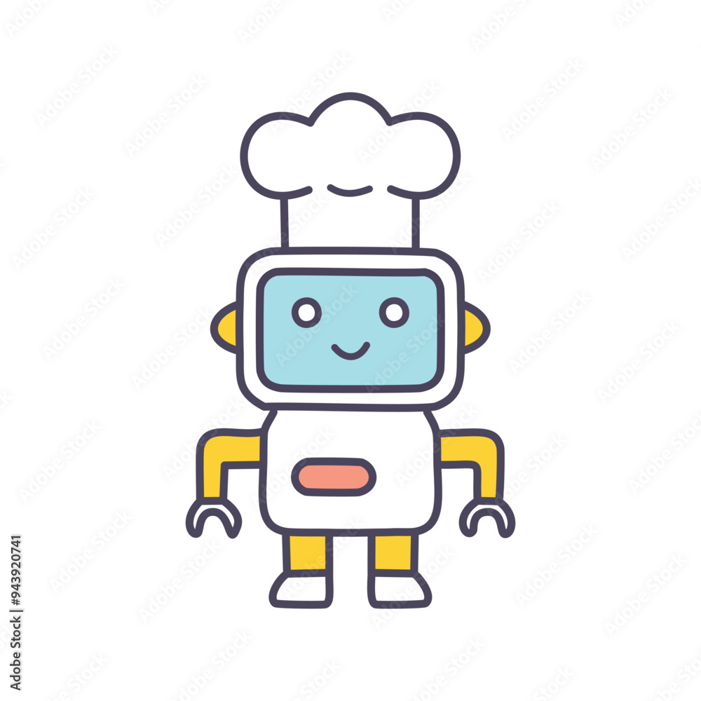 Robot chef cartoon illustration. Adorable robot chef wearing a chef's hat, conveying the concept of automation and the future of food preparation. Robot chef cartoon illustration. Adorable robot chef wearing a chef's hat, conveying the concept of automation and the future of food preparation.
