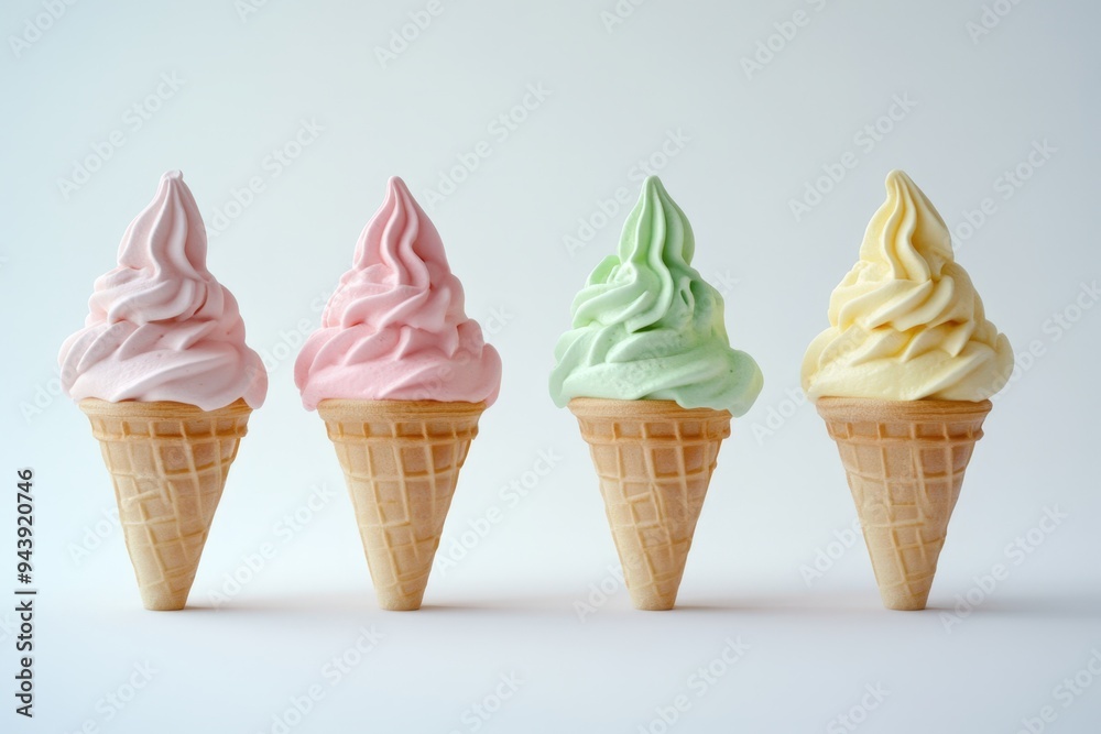 Four ice cream cones, each with a different flavor of ice cream. Four ice cream cones, each with a different flavor of ice cream.
