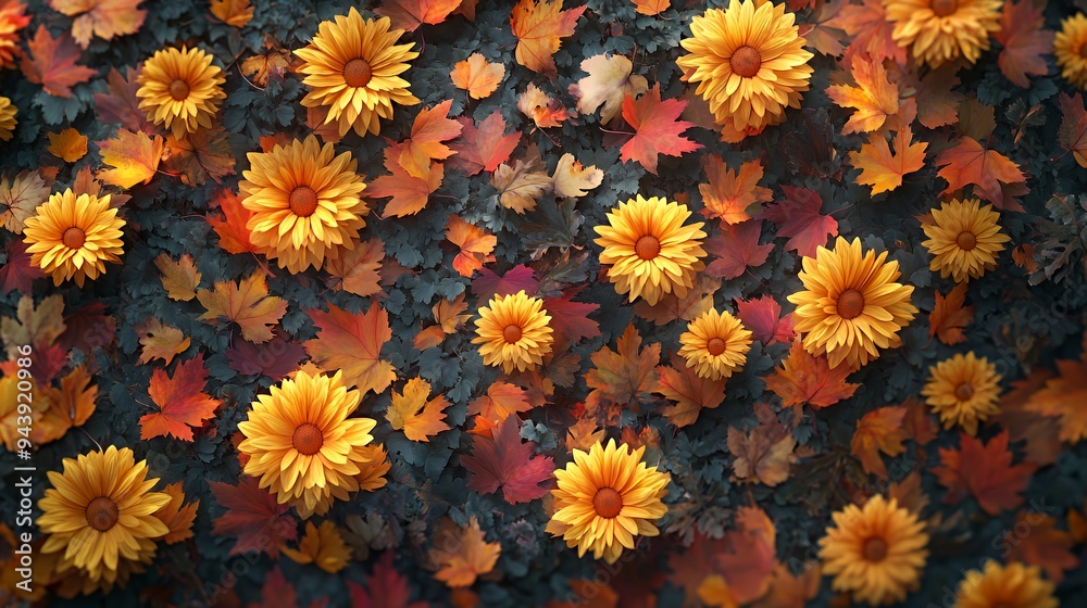 A vibrant arrangement of yellow flowers and autumn leaves, creating a warm, seasonal atmosphere. A vibrant arrangement of yellow flowers and autumn leaves, creating a warm, seasonal atmosphere.