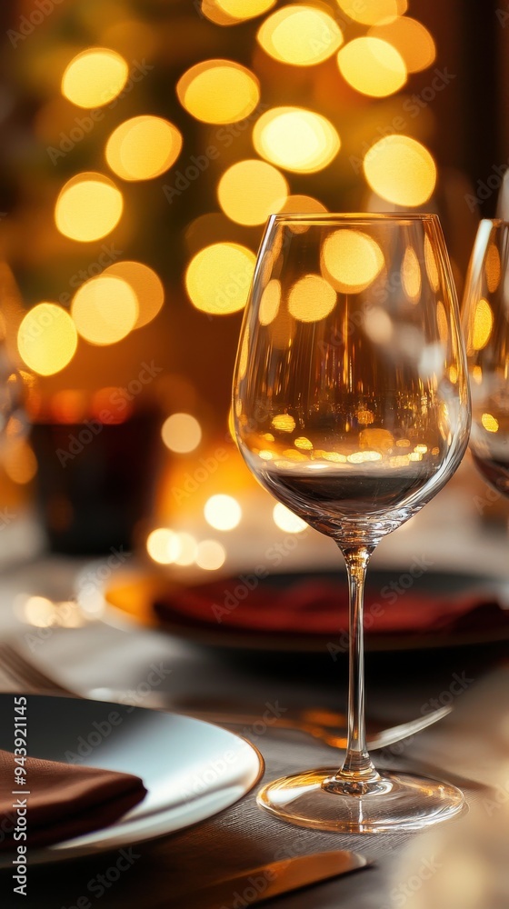 Dining table with wine glasses and plates, New Year's Eve dinner concept, evening lighting, festive decorations, warm colors, bokeh effect, luxurious atmosphere, romantic setting, golden hues Dining table with wine glasses and plates, New Year's Eve dinner concept, evening lighting, festive decorations, warm colors, bokeh effect, luxurious atmosphere, romantic setting, golden hues