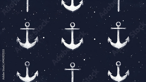 Seamless pattern with white anchors on a navy blue background with white dots. photo