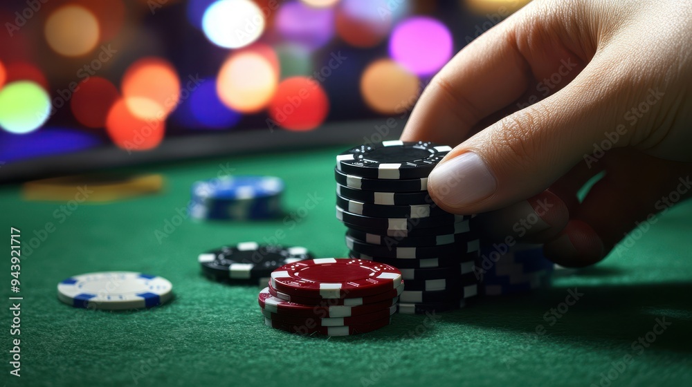 The hand stacking poker chips The hand stacking poker chips