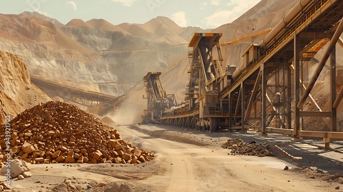 Obraz na płótnie A line of equipment used in mining that carries crushed stones to a process facility w salonie