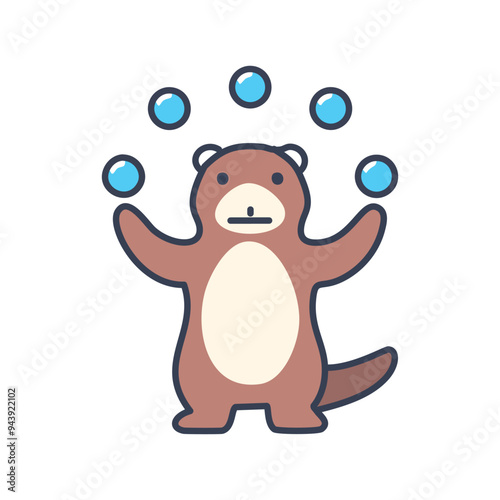 Juggling otter illustration. A playful otter juggling blue balls, showcasing its skills and hinting at the idea of multi-tasking and achieving multiple goals.