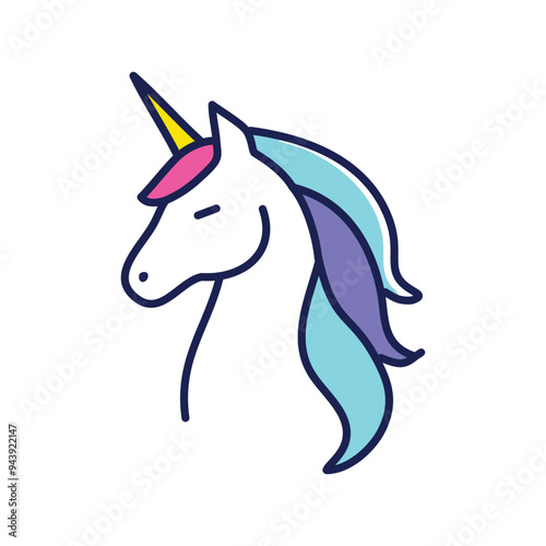 Cute cartoon unicorn illustration. A simple yet charming illustration of a mythical unicorn, with a colorful mane and horn, symbolizing magic, purity, and dreams. photo