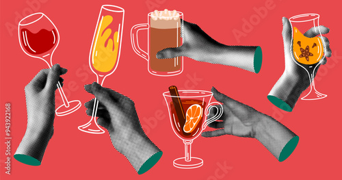 Group people drink winter drinks. Halftone hands holding mulled wine, champagne, red wine, mug of cocoa. People celebrate event together. Modern collage. Newspaper elements
