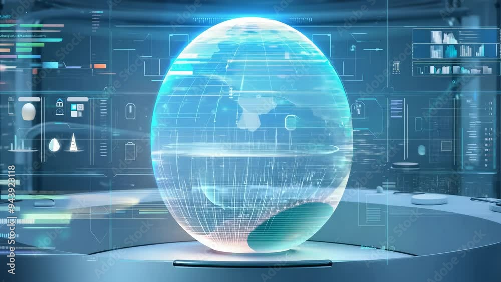 Exploring a futuristic holographic display of Earth with interactive data visualization in a high-tech environment Exploring a futuristic holographic display of Earth with interactive data visualization in a high-tech environment