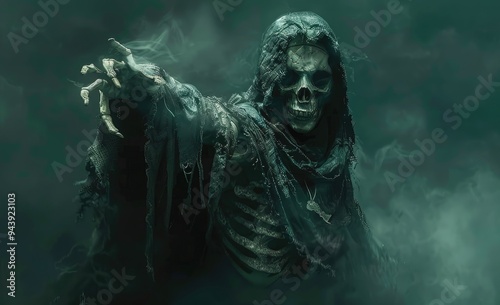 grim reaper with skull face holding out his hand, dark background, misty, cinematic, realism, 2d art style photo