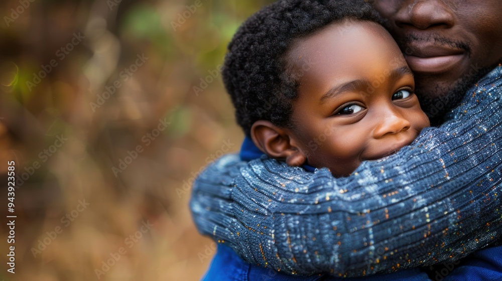 A black child being hugged by a parent, feeling loved A black child being hugged by a parent, feeling loved