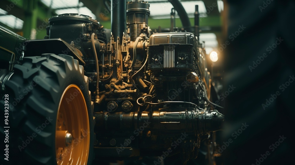 Fototapeta premium A photo of a detailed shot of a tractors engine.