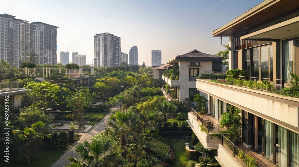 Fototapeta premium Tranquil Residential Bliss - Panoramic Landscape of Homes with Expansive Windows and Green Gardens