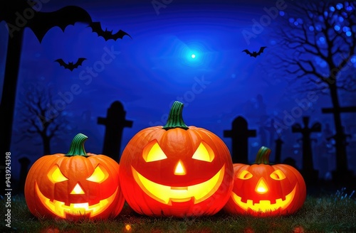 holiday illustration of lighted Halloween pumpkin lanterns at cemetery at night