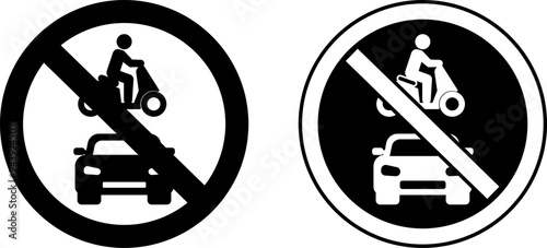 Signs All Motor Vehicles Prohibited. Warning Road Sign. Car and Person Riding Motorcycle. Vector Icon