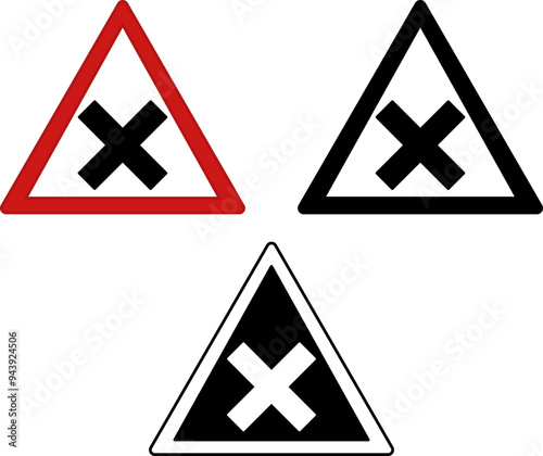 Signs Crossroad Warning. Warning Road Signs. Red, Black, and White Vector Icons