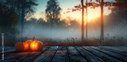 Halloween pumpkins illuminated in the dark on an old wooden table against a background of trees and fog at sunset photo