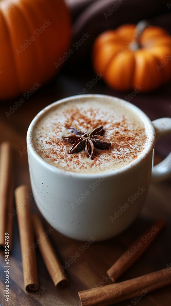 A warm cup of spiced beverage with cinnamon sticks and decorative star anise, surrounded by small pumpkins during autumn A warm cup of spiced beverage with cinnamon sticks and decorative star anise, surrounded by small pumpkins during autumn