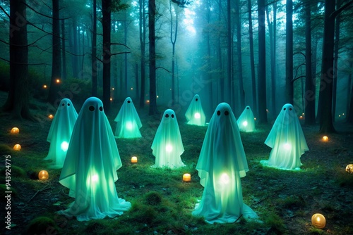 Glowing Ghostlights: Spooky, luminous, ethereal, pale blues and greens, glowing apparitions photo