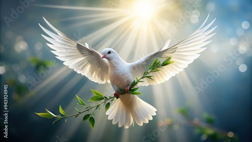 Wallpaper Mural A delicate white dove in gentle flight, wings outstretched, surrounded by soft feathers, with a subtle olive branch and gentle light, symbolizing peace and harmony. Torontodigital.ca
