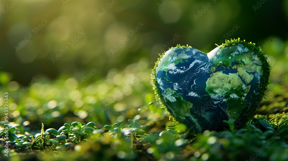 A lovely miniature of the heart shaped earth is displayed against a lively green backdrop