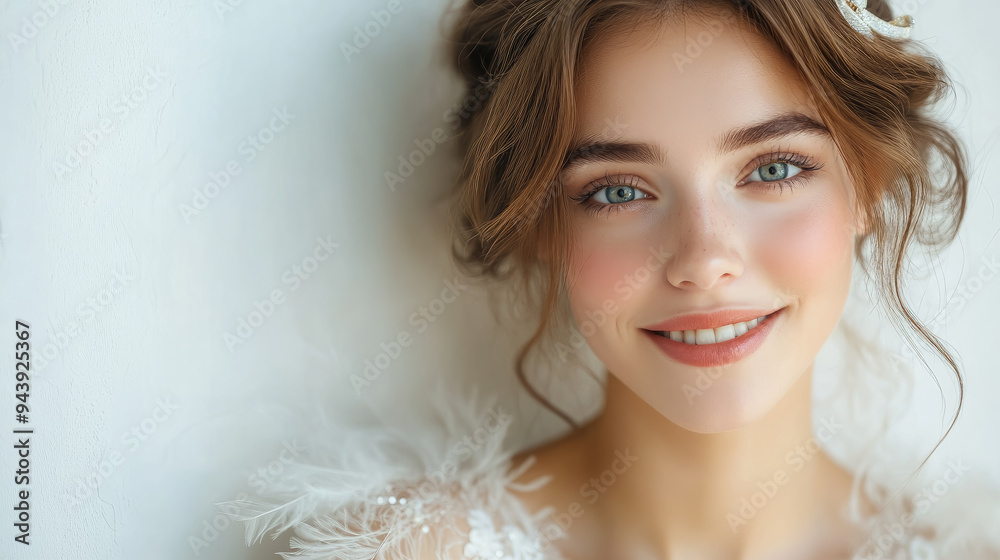 young smiling beautiful woman in white dress and with ribbon in hair with feathers on light background, girl, bride, model, 20s style, 1920s, retro, vintage, wedding, portrait, smile, eyes, hairstyle young smiling beautiful woman in white dress and with ribbon in hair with feathers on light background, girl, bride, model, 20s style, 1920s, retro, vintage, wedding, portrait, smile, eyes, hairstyle