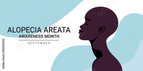 Alopecia Areata awareness month banner. Beautiful African bald woman. Vector illustration