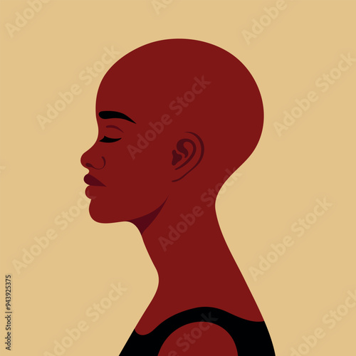 Young bald African woman profile. Beautiful bald girl portrait or avatar. Vector illustration