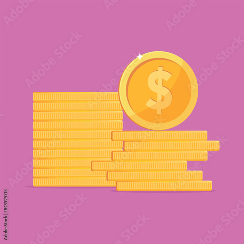 Stack of gold coins with a golden cent. Blank flat money coins on colored background. Shiny gold penny treasure. Vector illustration