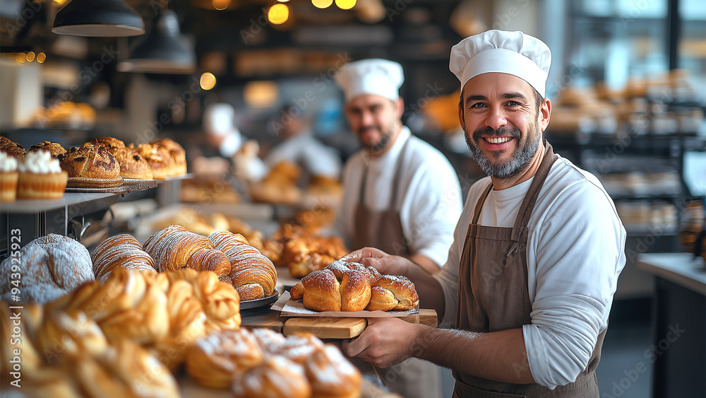 Smiling bakers preparing fresh pastries in a modern, well-equipped bakery, artisan craft
Smiling bakers preparing fresh pastries in a modern, well-equipped bakery, artisan craft